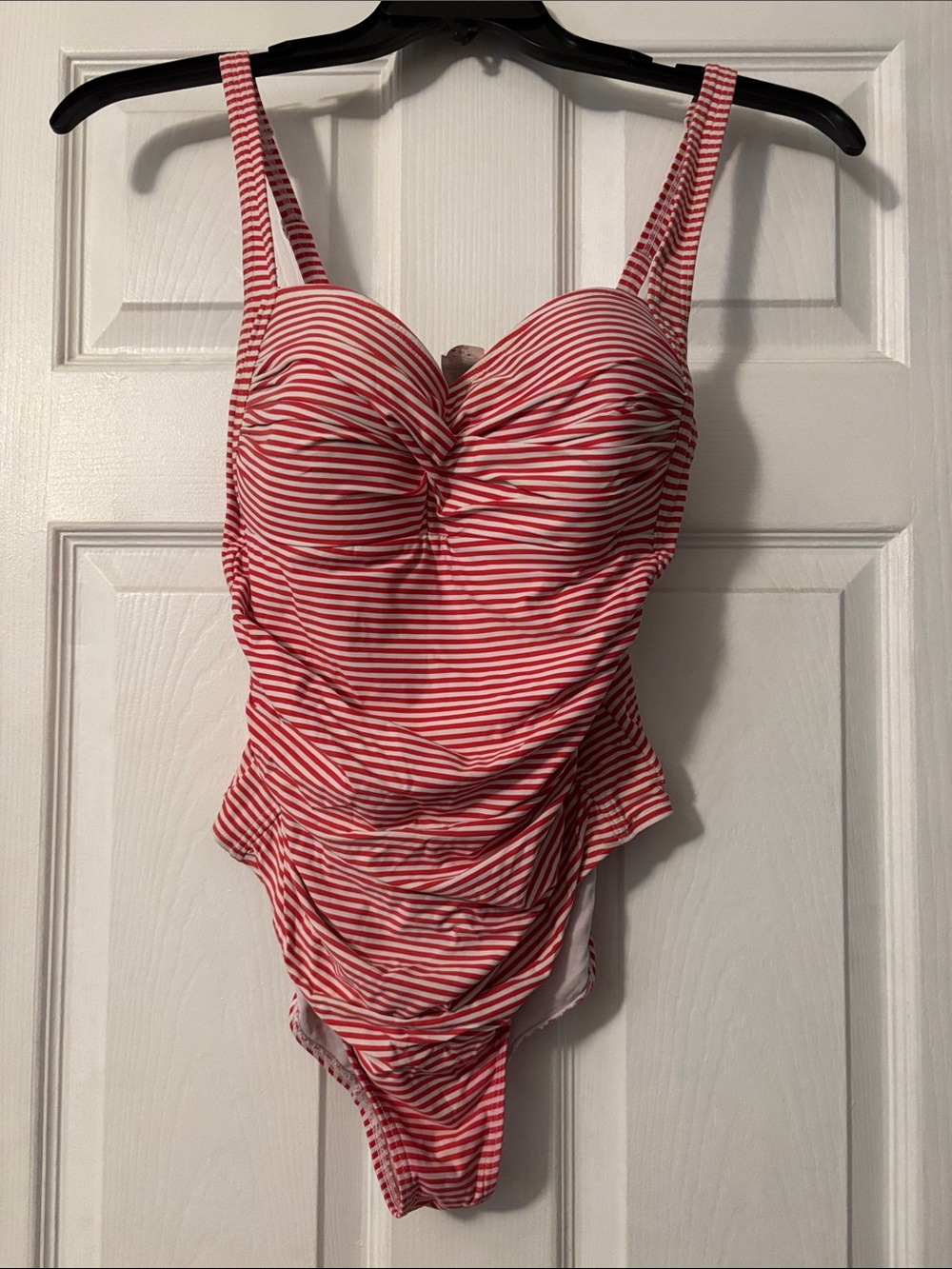 Red and White Striped One-Piece Swimsuit with Supportive Bust